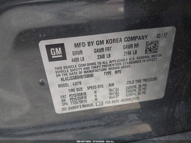 Aukcja sprzedaży 2017 Buick Encore Essence, vin: KL4CJGSB5HB159690, numer aukcji: 45714594