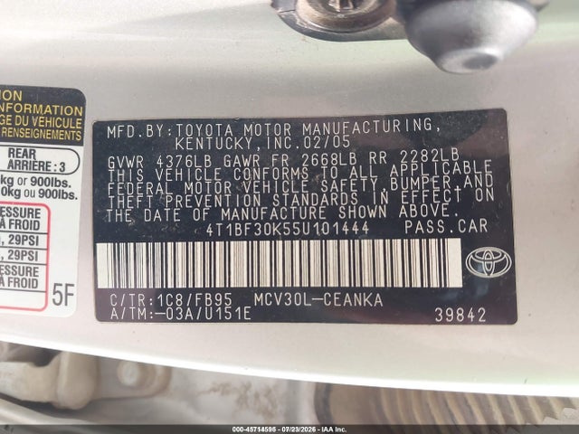 2005 Toyota Camry Le V6 მანქანა იყიდება აუქციონზე, vin: 4T1BF30K55U101444, აუქციონის ნომერი: 45714595