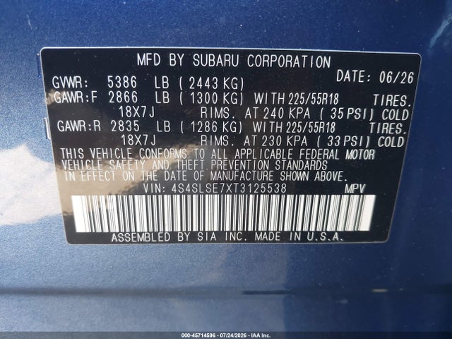 Aukcja sprzedaży 2026 Subaru Forester Premium, vin: 4S4SLSE7XT3125538, numer aukcji: 45714596