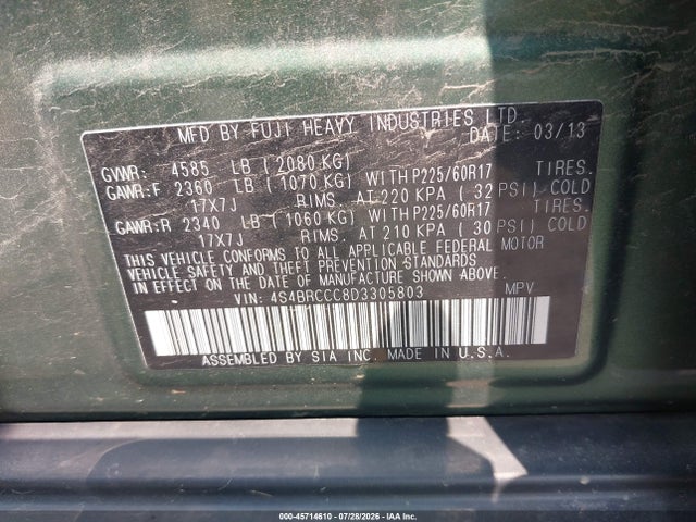 Aukcja sprzedaży 2013 Subaru Outback 2.5i Premium, vin: 4S4BRCCC8D3305803, numer aukcji: 45714610
