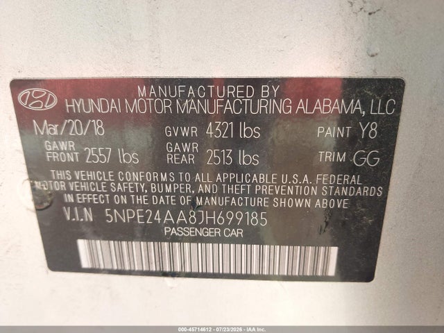 Продаж на аукціоні авто 2018 Hyundai Sonata Eco, vin: 5NPE24AA8JH699185, номер лоту: 45714612