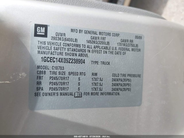 45714619 :رقم المزاد ، 1GCEC14X09Z238904 vin ، 2009 Chevrolet Silverado 1500 Work Truck مزاد بيع
