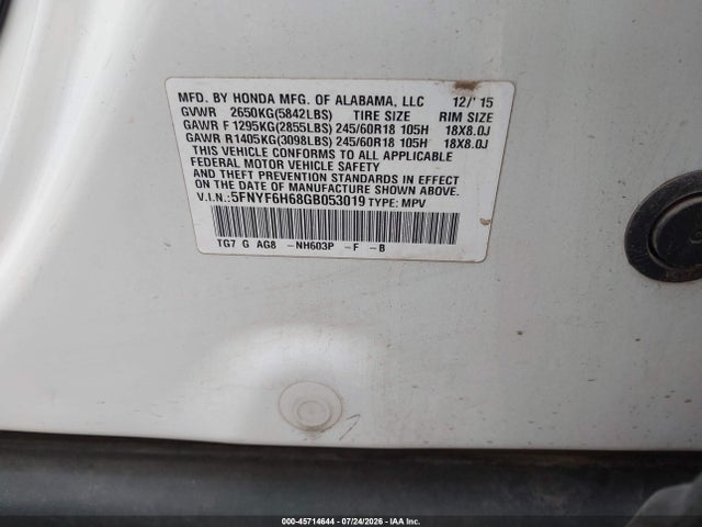 Aukcja sprzedaży 2016 Honda Pilot Ex-l, vin: 5FNYF6H68GB053019, numer aukcji: 45714644