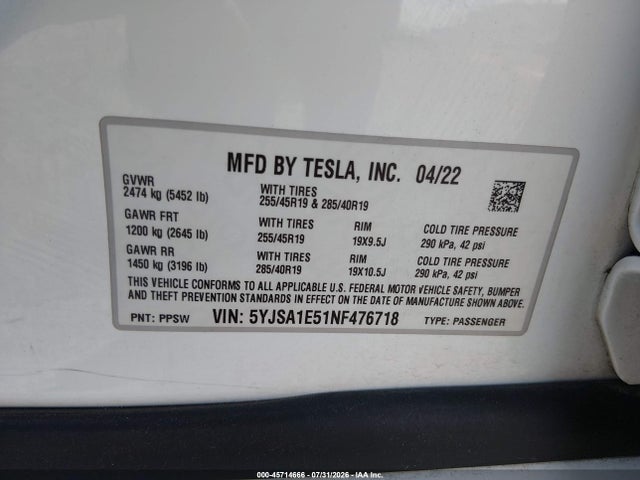 Продаж на аукціоні авто 2022 Tesla Model S Dual Motor All-wheel Drive, vin: 5YJSA1E51NF476718, номер лоту: 45714666