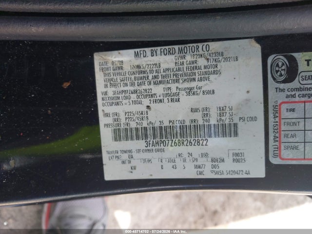 Продаж на аукціоні авто 2008 Ford Fusion Se, vin: 3FAHP07Z68R262822, номер лоту: 45714702