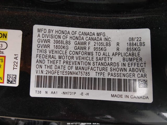 45714717 :رقم المزاد ، 2HGFE1E59NH475785 vin ، 2022 Honda Civic Si Sedan مزاد بيع