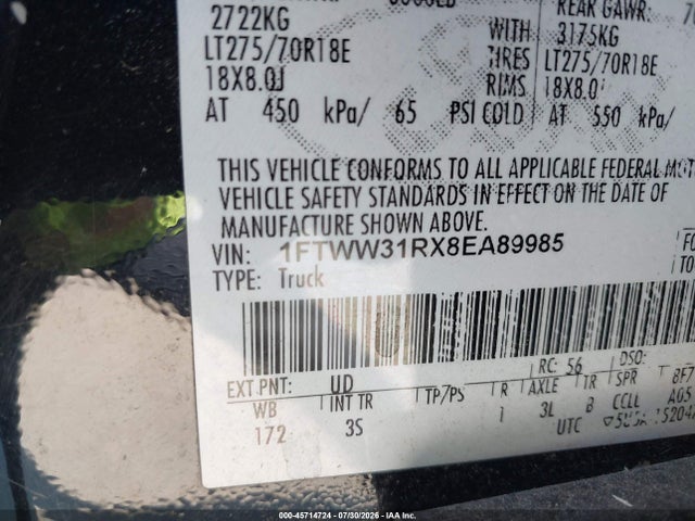 Aukcja sprzedaży 2008 Ford Super Duty F-350 Srw Fx4/harley-davidson/king Ranch/lariat/xl/xlt, vin: 1FTWW31RX8EA89985, numer aukcji: 45714724