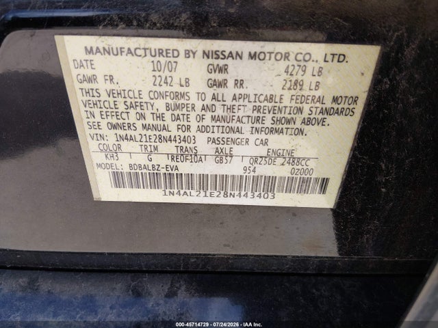 Aukcja sprzedaży 2008 Nissan Altima 2.5 S, vin: 1N4AL21E28N443403, numer aukcji: 45714729