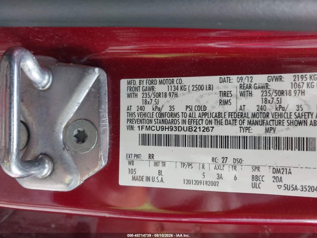 2013 Ford Escape Sel მანქანა იყიდება აუქციონზე, vin: 1FMCU9H93DUB21267, აუქციონის ნომერი: 45714739