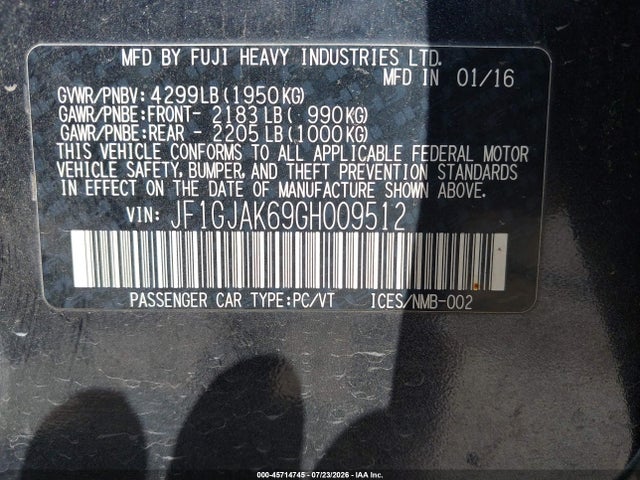 45714745 :رقم المزاد ، JF1GJAK69GH009512 vin ، 2016 Subaru Impreza 2.0i Limited مزاد بيع
