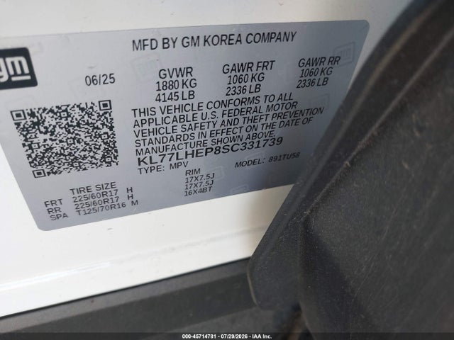 45714781 :رقم المزاد ، KL77LHEP8SC331739 vin ، 2025 Chevrolet Trax Fwd Lt مزاد بيع