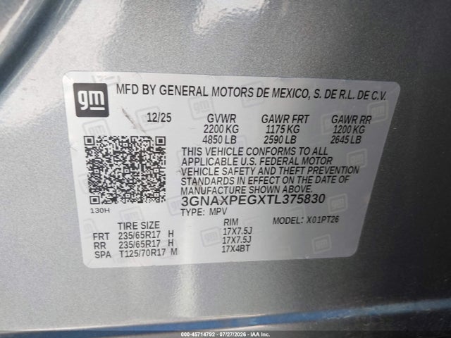 Продажа на аукционе авто 2026 Chevrolet Equinox Awd Lt, vin: 3GNAXPEGXTL375830, номер лота: 45714792