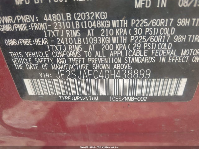 Продажа на аукционе авто 2016 Subaru Forester 2.5i Premium, vin: JF2SJAFC4GH438899, номер лота: 45714795