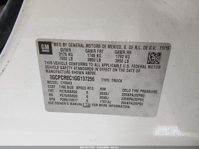 2016 Chevrolet Silverado 1500 Lt მანქანა იყიდება აუქციონზე, vin: 3GCPCREC1GG137256, აუქციონის ნომერი: 45714797