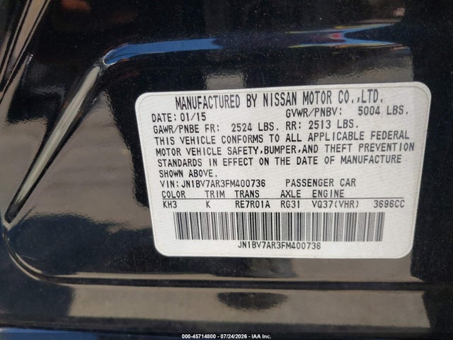 Aukcja sprzedaży 2015 Infiniti Q50 Sport, vin: JN1BV7AR3FM400736, numer aukcji: 45714800