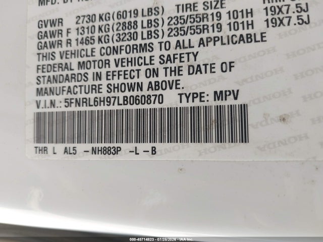 45714823 :رقم المزاد ، 5FNRL6H97LB060870 vin ، 2020 Honda Odyssey Elite مزاد بيع