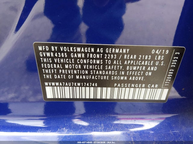 45714849 :رقم المزاد ، WVWWA7AU7KW174746 vin ، 2019 Volkswagen Golf R 2.0t W/dcc   Navigation مزاد بيع