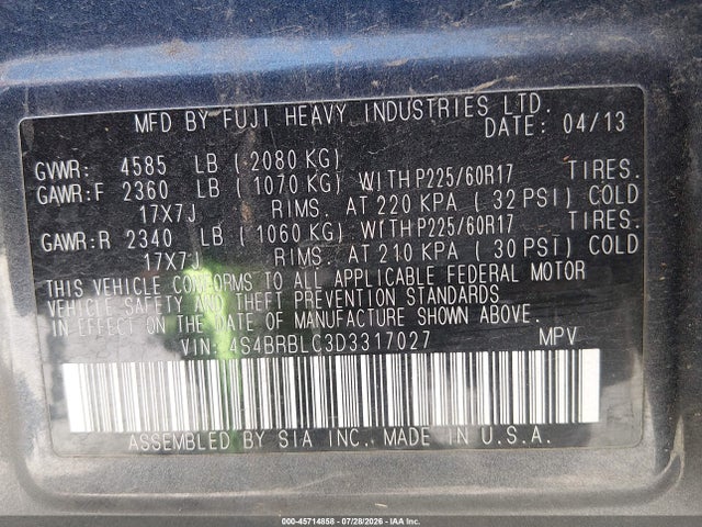 Aukcja sprzedaży 2013 Subaru Outback 2.5i Limited, vin: 4S4BRBLC3D3317027, numer aukcji: 45714858