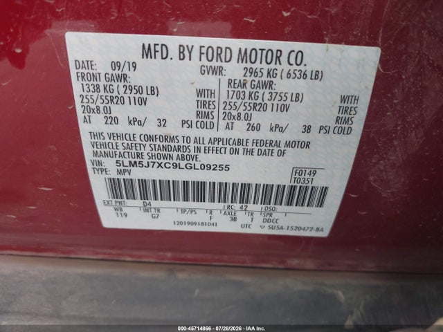 45714866 :رقم المزاد ، 5LM5J7XC9LGL09255 vin ، 2020 Lincoln Aviator Reserve مزاد بيع