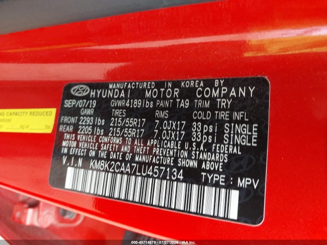 Продажа на аукционе авто 2020 Hyundai Kona Sel, vin: KM8K2CAA7LU457134, номер лота: 45714879