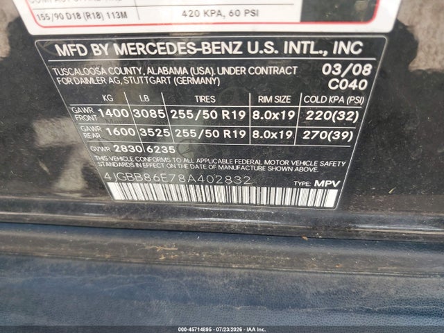 Продаж на аукціоні авто 2008 Mercedes-benz Ml 350 4matic, vin: 4JGBB86E78A402832, номер лоту: 45714895