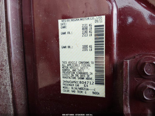45714906 :رقم المزاد ، 1N4AA5AP6CC804712 vin ، 2012 Nissan Maxima 3.5 Sv مزاد بيع