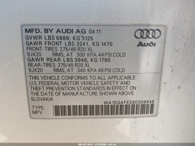 Aukcja sprzedaży 2011 Audi Q7 3.0t S Line Prestige, vin: WA1DGAFE5BD009546, numer aukcji: 45714910