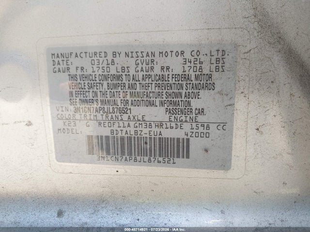 3N1CN7AP8JL876521 Nissan Versa 1.6 Sv