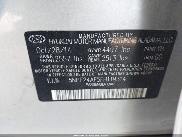 2015 Hyundai Sonata Se მანქანა იყიდება აუქციონზე, vin: 5NPE24AF5FH119314, აუქციონის ნომერი: 45714925