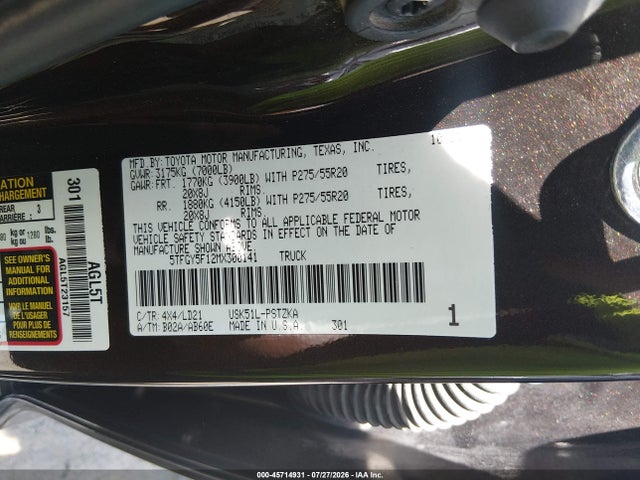 45714931 :رقم المزاد ، 5TFGY5F12MX300141 vin ، 2021 Toyota Tundra 1794 Edition مزاد بيع