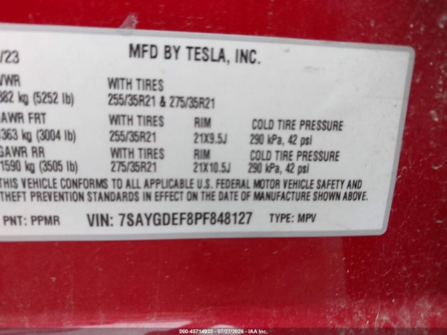 Aukcja sprzedaży 2023 Tesla Model Y Performance Dual Motor All-wheel Drive, vin: 7SAYGDEF8PF848127, numer aukcji: 45714933