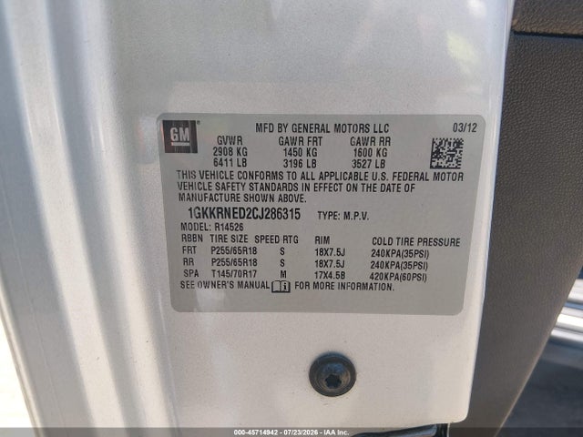 Aukcja sprzedaży 2012 Gmc Acadia Sl, vin: 1GKKRNED2CJ286315, numer aukcji: 45714942