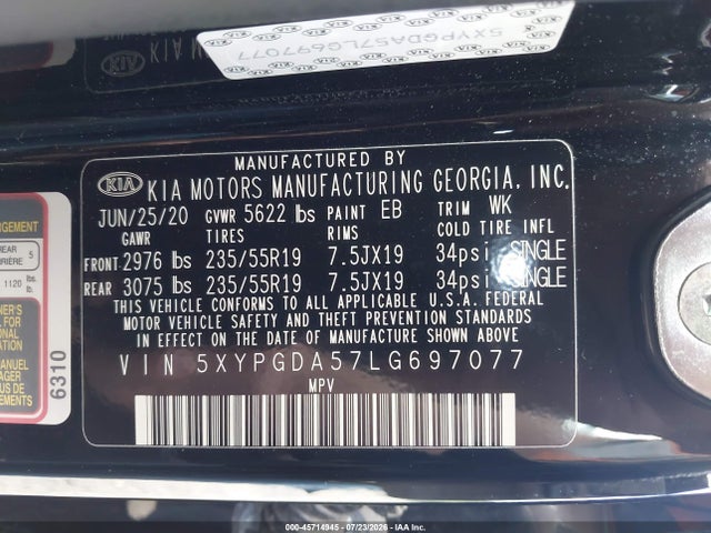 2020 Kia Sorento 3.3l S მანქანა იყიდება აუქციონზე, vin: 5XYPGDA57LG697077, აუქციონის ნომერი: 45714945
