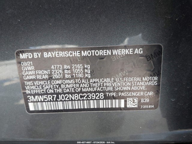 Aukcja sprzedaży 2022 Bmw 330i Xdrive, vin: 3MW5R7J02N8C23928, numer aukcji: 45714957