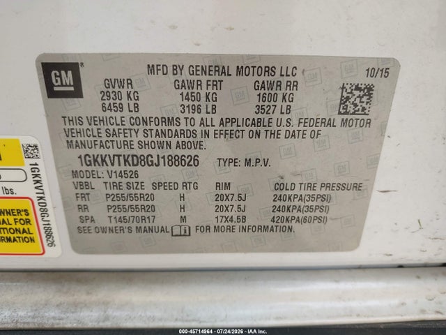 Aukcja sprzedaży 2016 Gmc Acadia Denali, vin: 1GKKVTKD8GJ188626, numer aukcji: 45714964