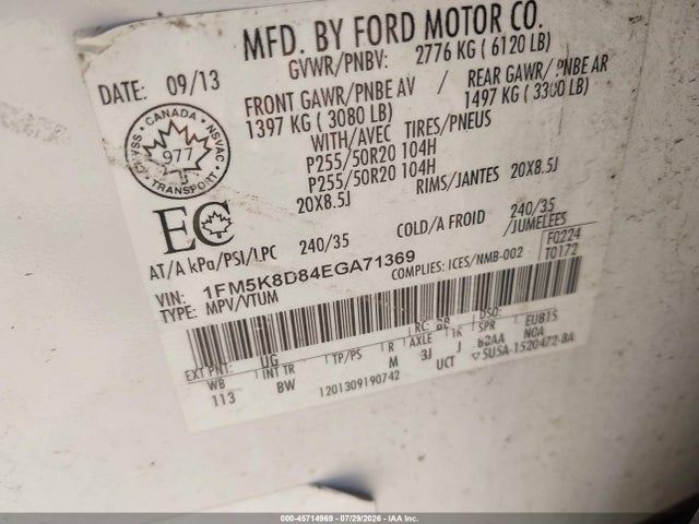 45714969 :رقم المزاد ، 1FM5K8D84EGA71369 vin ، 2014 Ford Explorer Xlt مزاد بيع