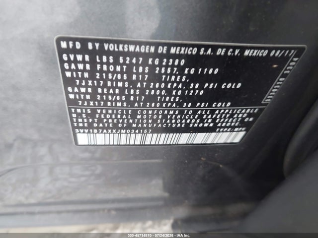 45714970 :رقم المزاد ، 3VV1B7AXXJM034157 vin ، 2018 Volkswagen Tiguan 2.0t S مزاد بيع