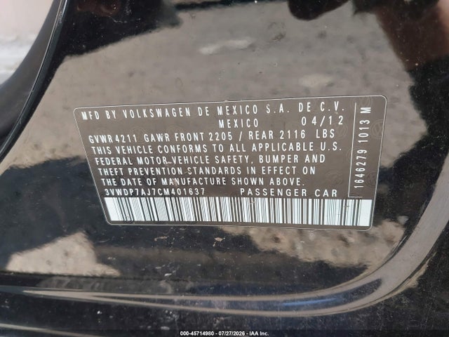 45714980 :رقم المزاد ، 3VWDP7AJ7CM401637 vin ، 2012 Volkswagen Jetta 2.5l Se مزاد بيع