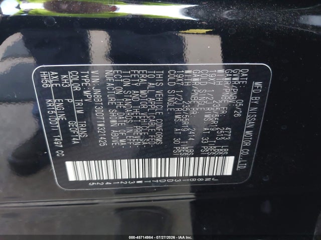 45714984 :رقم المزاد ، JN8BT3DD7TW321425 vin ، 2026 Nissan Rogue Platinum مزاد بيع