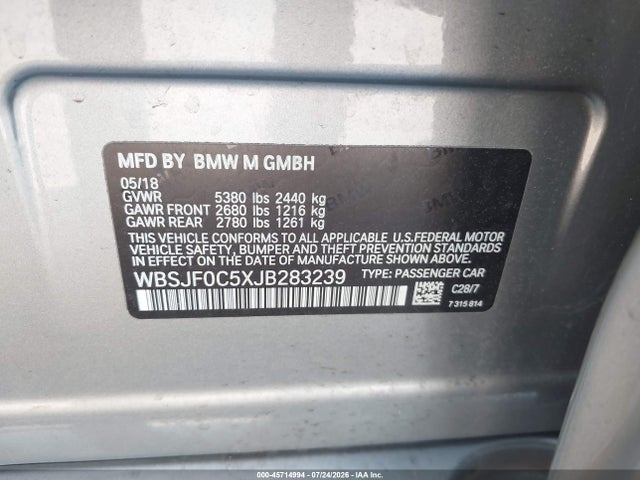 45714994 :رقم المزاد ، WBSJF0C5XJB283239 vin ، 2018 Bmw M5 مزاد بيع