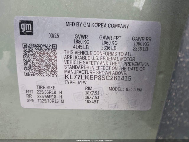 Aukcja sprzedaży 2025 Chevrolet Trax Fwd Activ, vin: KL77LKEP8SC261415, numer aukcji: 45715002
