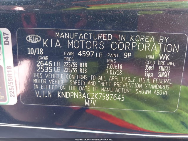 2019 Kia Sportage Ex მანქანა იყიდება აუქციონზე, vin: KNDPN3AC2K7587645, აუქციონის ნომერი: 45715004
