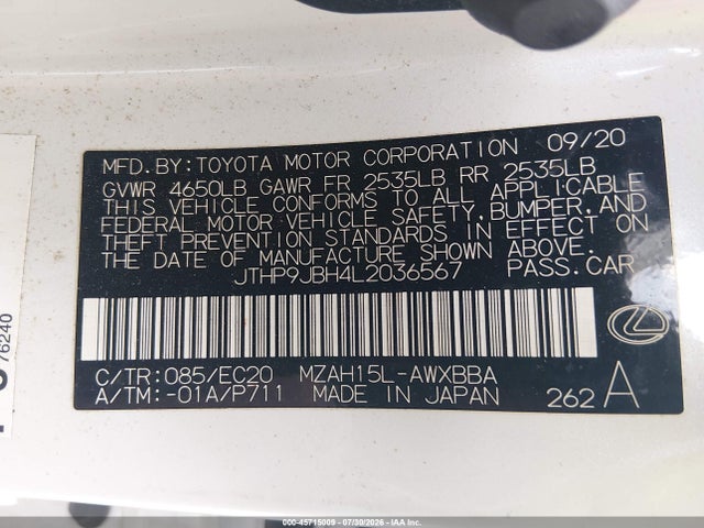 Продажа на аукционе авто 2020 Lexus Ux 250h, vin: JTHP9JBH4L2036567, номер лота: 45715009