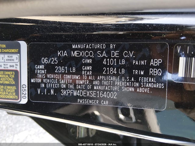 2025 Kia K4 Gt-line მანქანა იყიდება აუქციონზე, vin: 3KPFW4DEXSE164002, აუქციონის ნომერი: 45715010