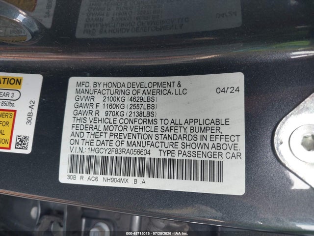 45715015 :رقم المزاد ، 1HGCY2F83RA056604 vin ، 2024 Honda Accord Hybrid Touring مزاد بيع