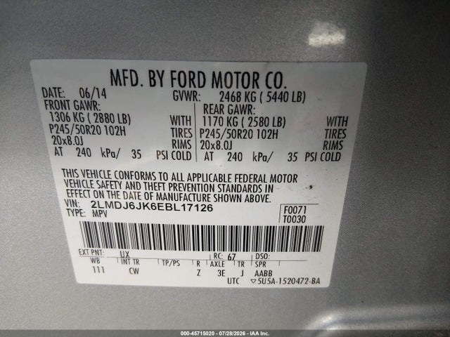 2014 Lincoln Mkx მანქანა იყიდება აუქციონზე, vin: 2LMDJ6JK6EBL17126, აუქციონის ნომერი: 45715020