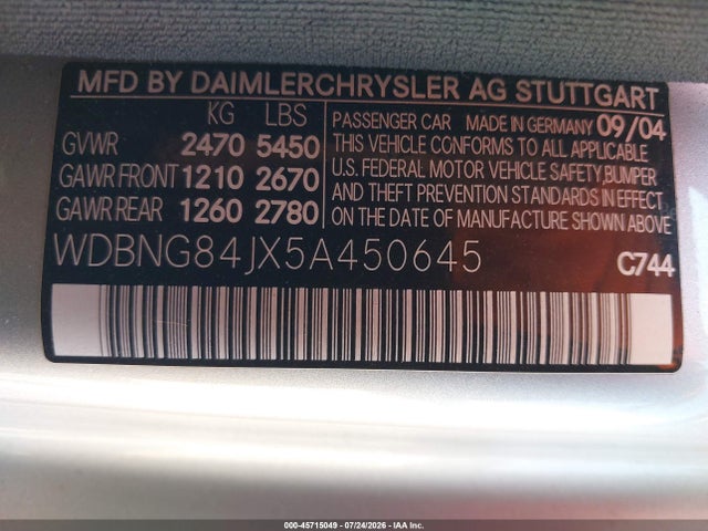 Aukcja sprzedaży 2005 Mercedes-benz S 500 4matic, vin: WDBNG84JX5A450645, numer aukcji: 45715049
