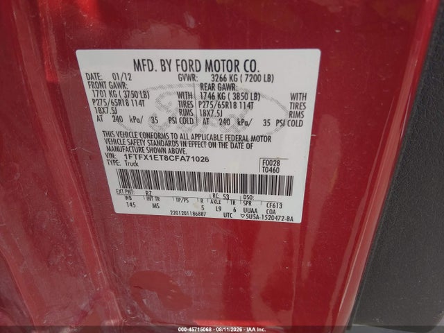 45715068 :رقم المزاد ، 1FTFX1ET8CFA71026 vin ، 2012 Ford F-150 Xlt مزاد بيع