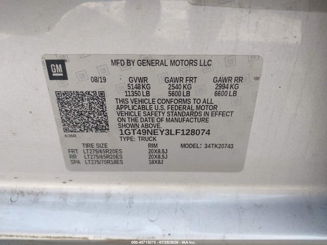 Продажа на аукционе авто 2020 Gmc Sierra 2500hd 4wd  Standard Bed Slt, vin: 1GT49NEY3LF128074, номер лота: 45715070