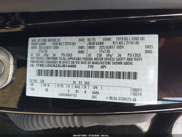 45715083 :رقم المزاد ، 1FMCU0GN2SUB14480 vin ، 2025 Ford Escape Active مزاد بيع